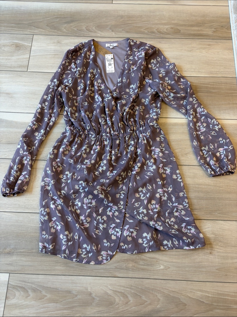 New Etam Floral Wrap-Style Long Sleeve Dress - Mauve